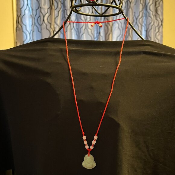 Green Laughing Buddha Glass Pendant on Adjustable Red Cord Necklace - Picture 4 of 9